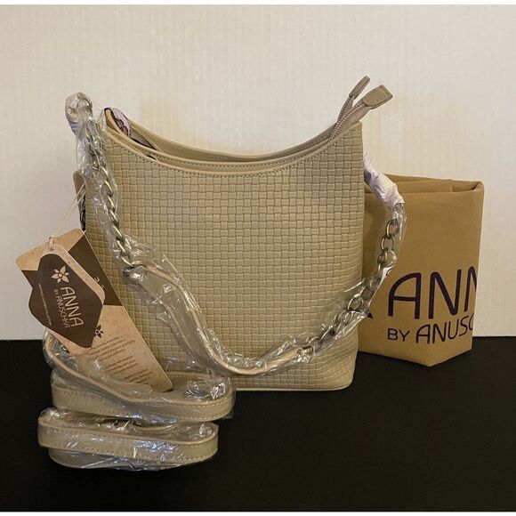 ANUSCHKA Almond Woven Genuine Leather TopZip Bucket Shoulder Bag Crossbody Purse - Picture 1 of 8
